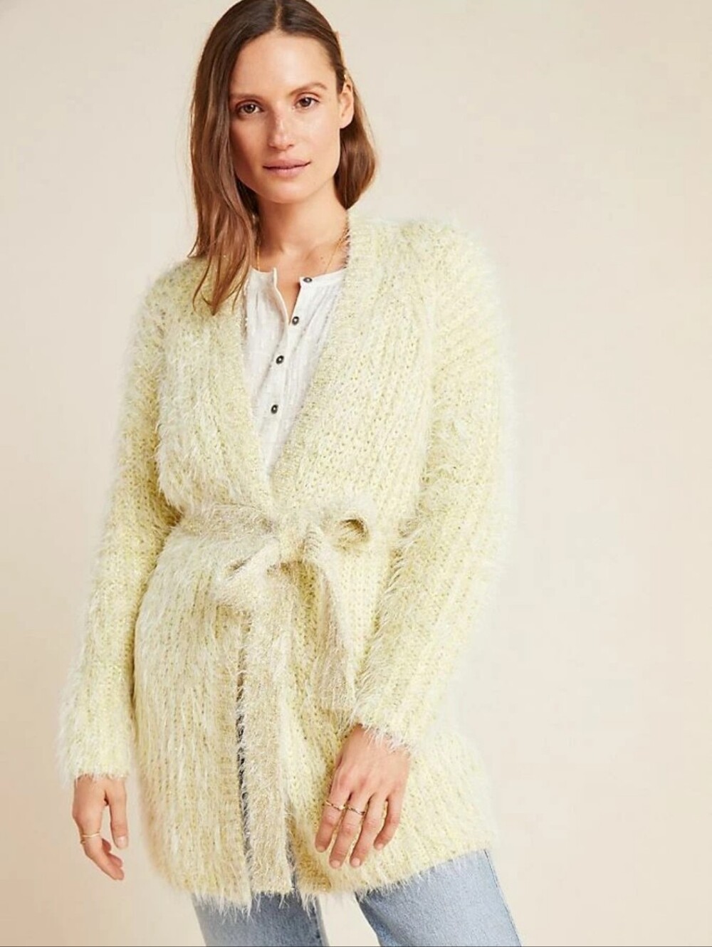 By Anthropologie Larkin Shimmer Belted Tie Waist Cardigan Yellow Metallic Cozy S